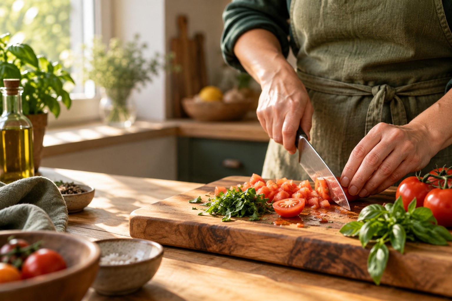 Hände schneiden frische Tomaten und Kräuter auf einem Holzbrett [Bildinhalt mit KI erstellt]