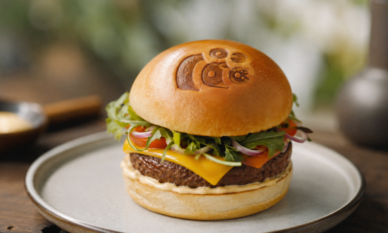 Burger mit Logo [Bildinhalt mit KI erstellt]