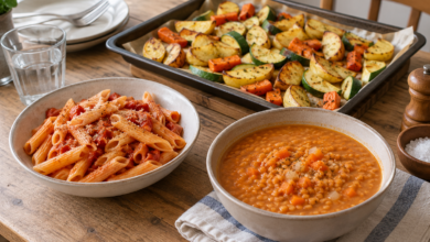 Tomatennudeln, Ofengemüse und Linsensuppe als einfache Anfängergerichte [Bildinhalt mit KI erstellt]