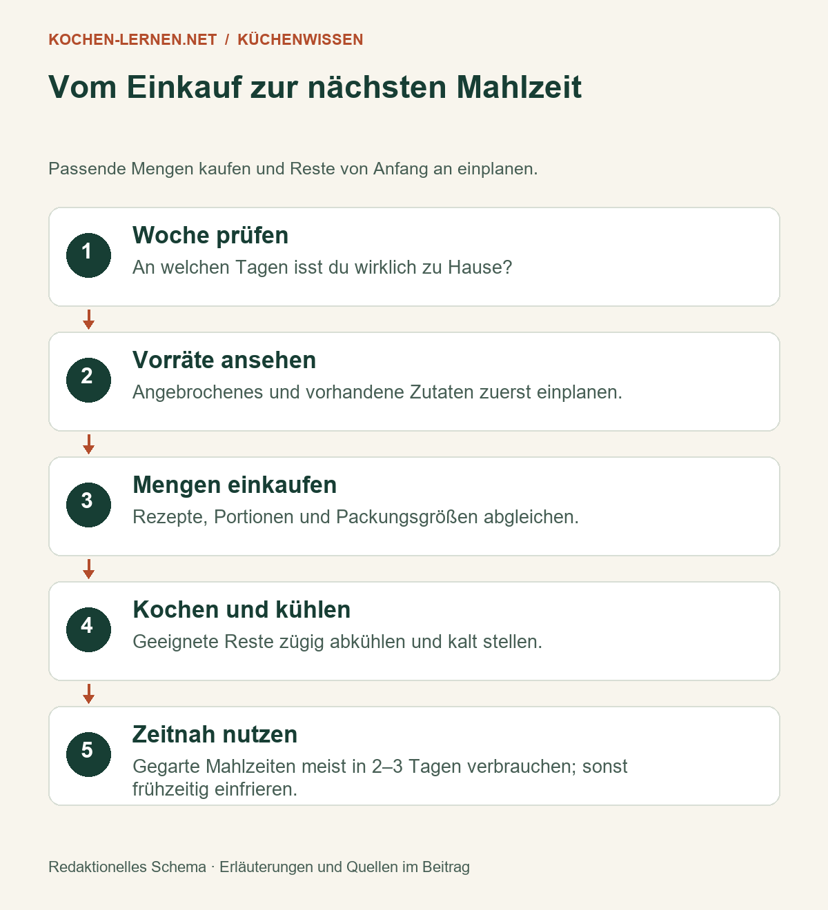 Vom Einkauf zur nächsten Mahlzeit: Woche prüfen; Vorräte ansehen; Mengen einkaufen; Kochen und kühlen; Zeitnah nutzen [Bildinhalt mit KI erstellt]