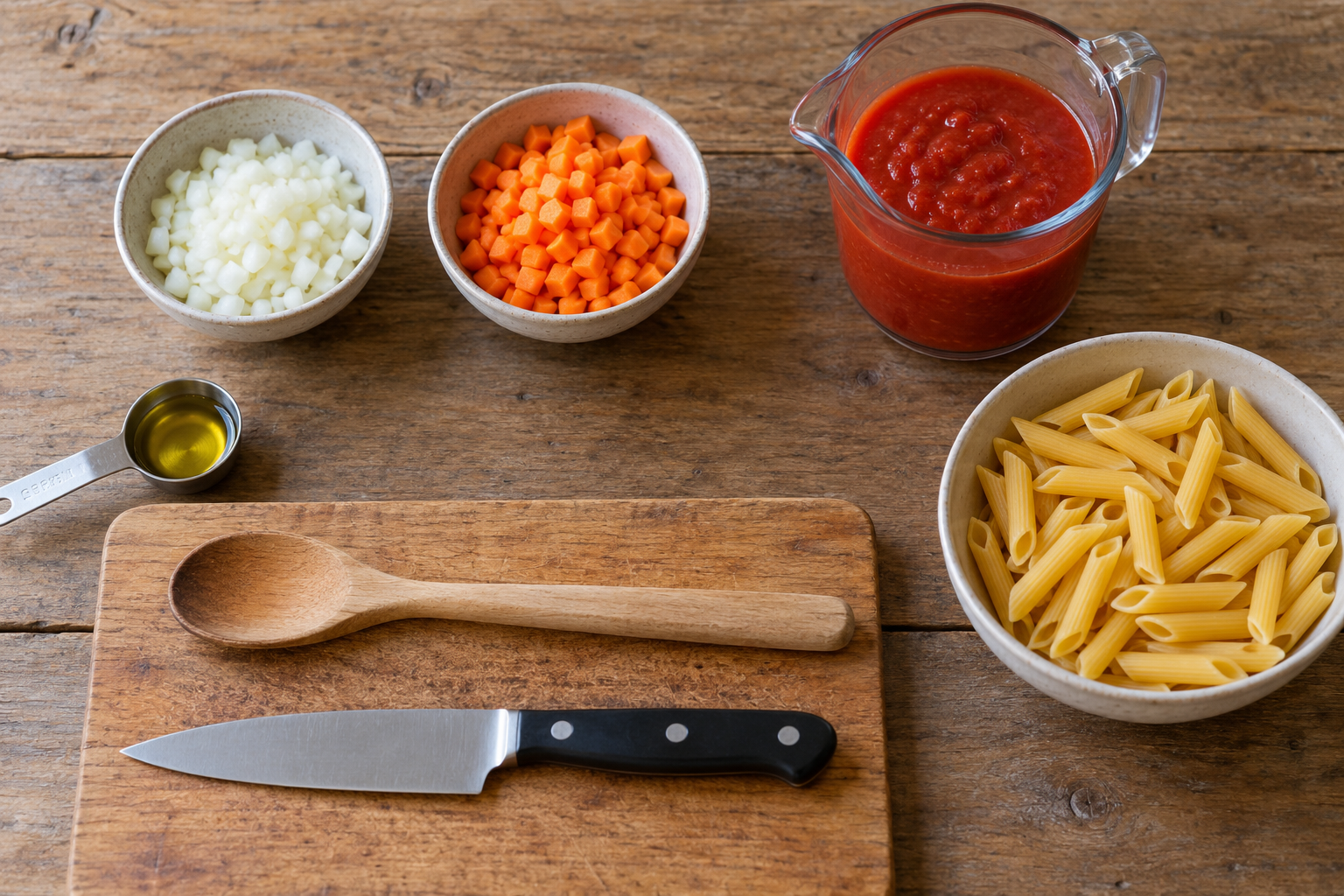 Bereitgestellte Zutaten und Werkzeuge für eine Tomatensauce mit Nudeln [Bildinhalt mit KI erstellt]