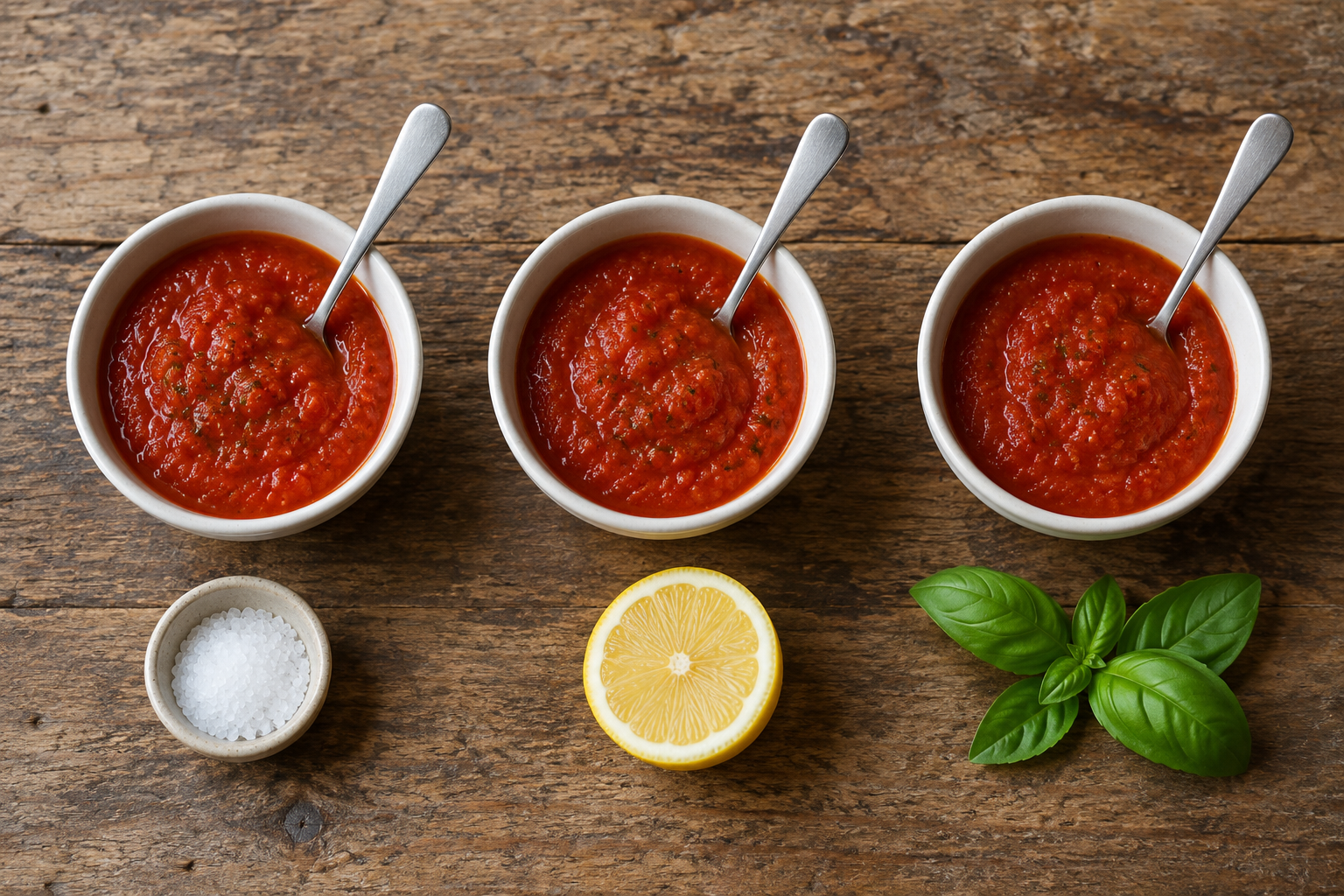 Drei Schälchen Tomatensauce mit Salz, Zitrone und Basilikum für Vergleichsproben [Bildinhalt mit KI erstellt]